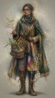 full-body original character: a wandering botanist with a satchel of plants, a patched green cloak, tall boots and round glasses, neutral background