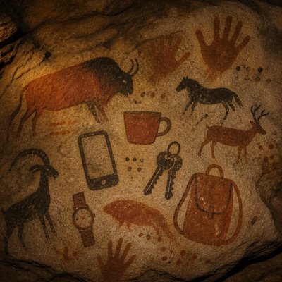 still life with everyday objects — Prehistoric Cave Art Style