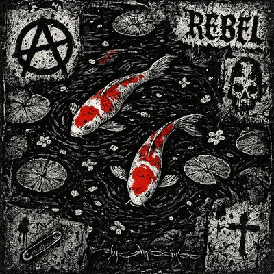 A koi pond seen from above, orange and white koi fish swimming among lily pads, clear water with subtle ripples, fallen cherry blossom petals floating on the surface, dappled sunlight