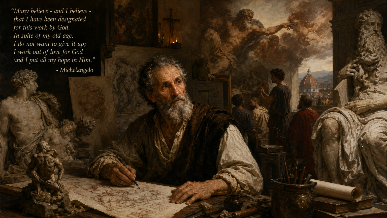 "Many believe - and I believe - that I have been designated for this work by God. In spite of my old age, I do not want to give it up; I work out of love for God and I put all my hope in Him.”
- Michelangelo