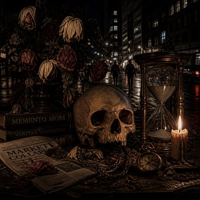urban street with city activity — Memento Mori Art Style