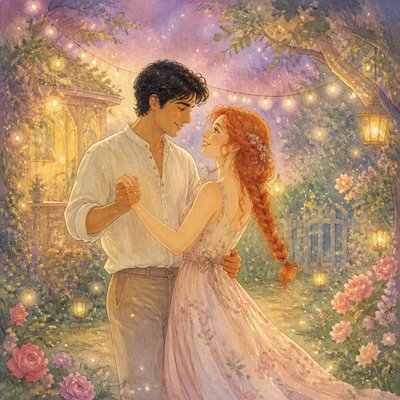 an original couple dancing under string lights in a garden at dusk: a man with short black hair in a linen shirt and a woman with braided red hair in a summer dress