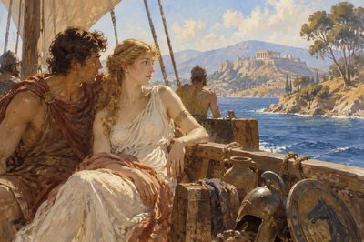 Paris with Helen of Troy on the deck of a ship sailing towards Greece
