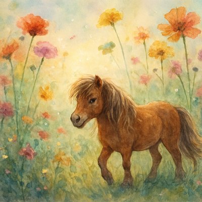 Miniature horse wandering through a fantastical meadow of oversized tall wildflowers, soft morning light, delicate sparkles drifting in the air, intricate details, watercolor-dream mood, gentle movement in the mane and tail, expressive eyes, cinematic depth and color