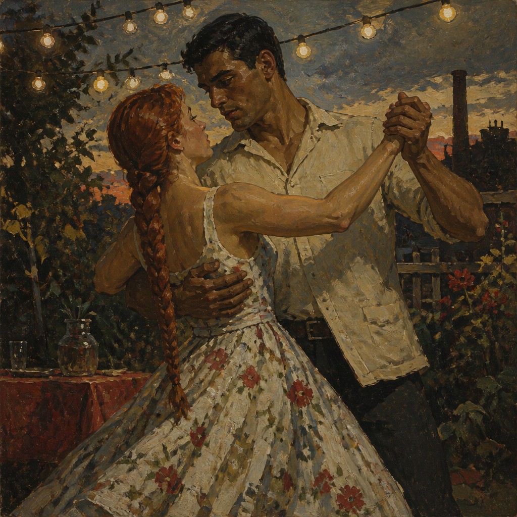 an original couple dancing under string lights in a garden at dusk: a man with short black hair in a linen shirt and a woman with braided red hair in a summer dress
