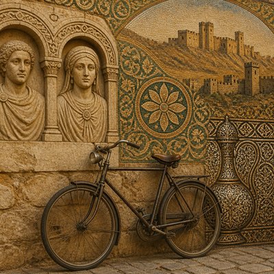 bicyle resting against a wall