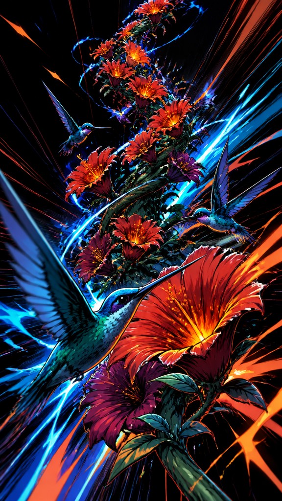 a climbing vine of flowers and hummingbirds on a dark background, tall wrapping composition, no text