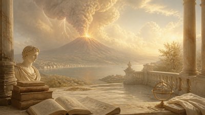 an erupting volcano with lightning strikes, dramatic wide composition, no text