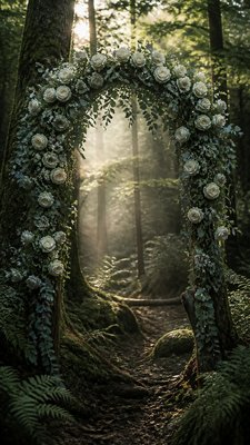 an arch of white roses and eucalyptus in soft morning light, elegant vertical composition with open space, no text