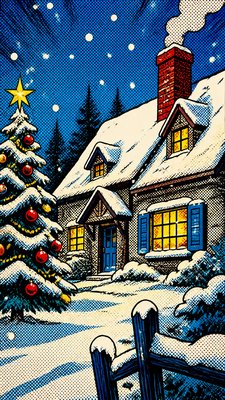 a snow-covered cottage with warm glowing windows beside a decorated pine tree, gentle snowfall, no text