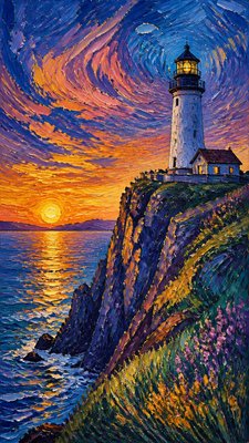 a lone lighthouse on a cliff at dusk under a dramatic sky, no text or lettering