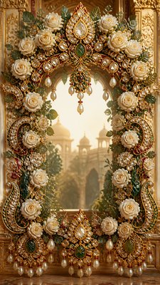 an arch of white roses and eucalyptus in soft morning light, elegant vertical composition with open space, no text