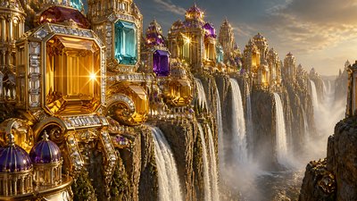 a cliffside city with waterfalls cascading into a misty canyon, wide establishing shot, no people, no text