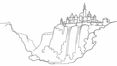 a cliffside city with waterfalls cascading into a misty canyon, wide establishing shot, no people, no text