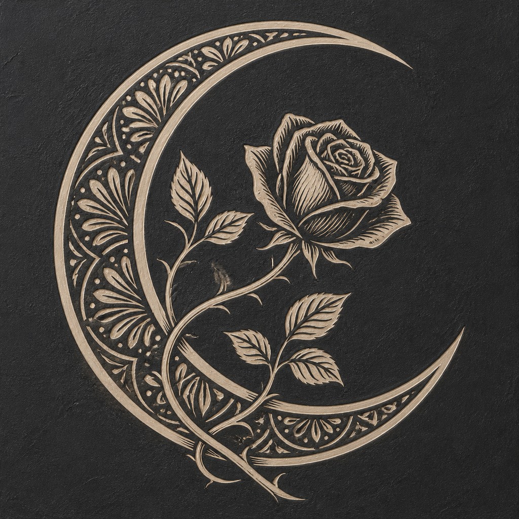 a rose entwined with a crescent moon, clean balanced composition on a plain background, no text