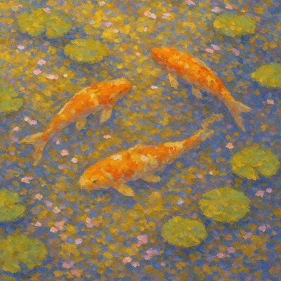 A koi pond seen from above, orange and white koi fish swimming among lily pads, clear water with subtle ripples, fallen cherry blossom petals floating on the surface, dappled sunlight