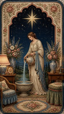 a robed figure pouring water beneath a large eight-pointed star in a night sky, symmetrical composition with an ornate decorative border, no text