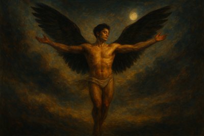 a painting of a man with wings on his body
