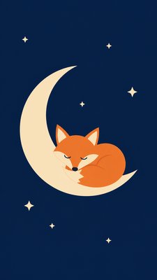 a sleeping baby fox curled on a crescent moon among soft stars, gentle and warm, no text