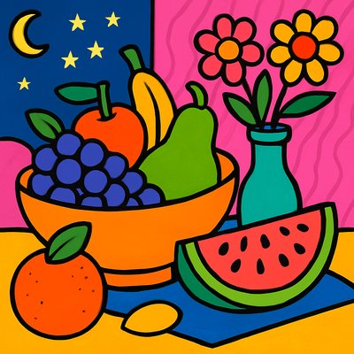 still life arrangement of fruits and flowers