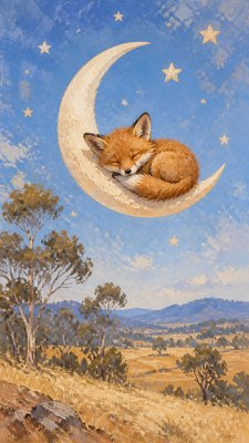 a sleeping baby fox curled on a crescent moon among soft stars, gentle and warm, no text