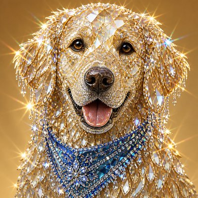 portrait of a golden retriever wearing a blue bandana, warm plain backdrop, no text
