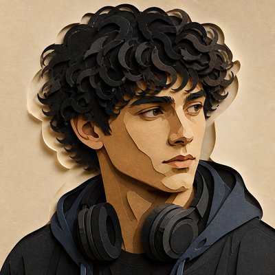 head-and-shoulders portrait of an original character: a young man with curly dark hair and headphones around his neck, plain backdrop, no text