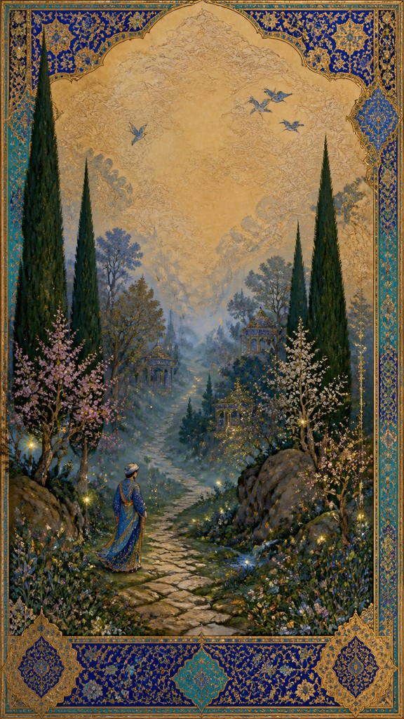a mysterious forest path with fireflies and drifting mist, atmospheric vertical composition with open space at the top, no text