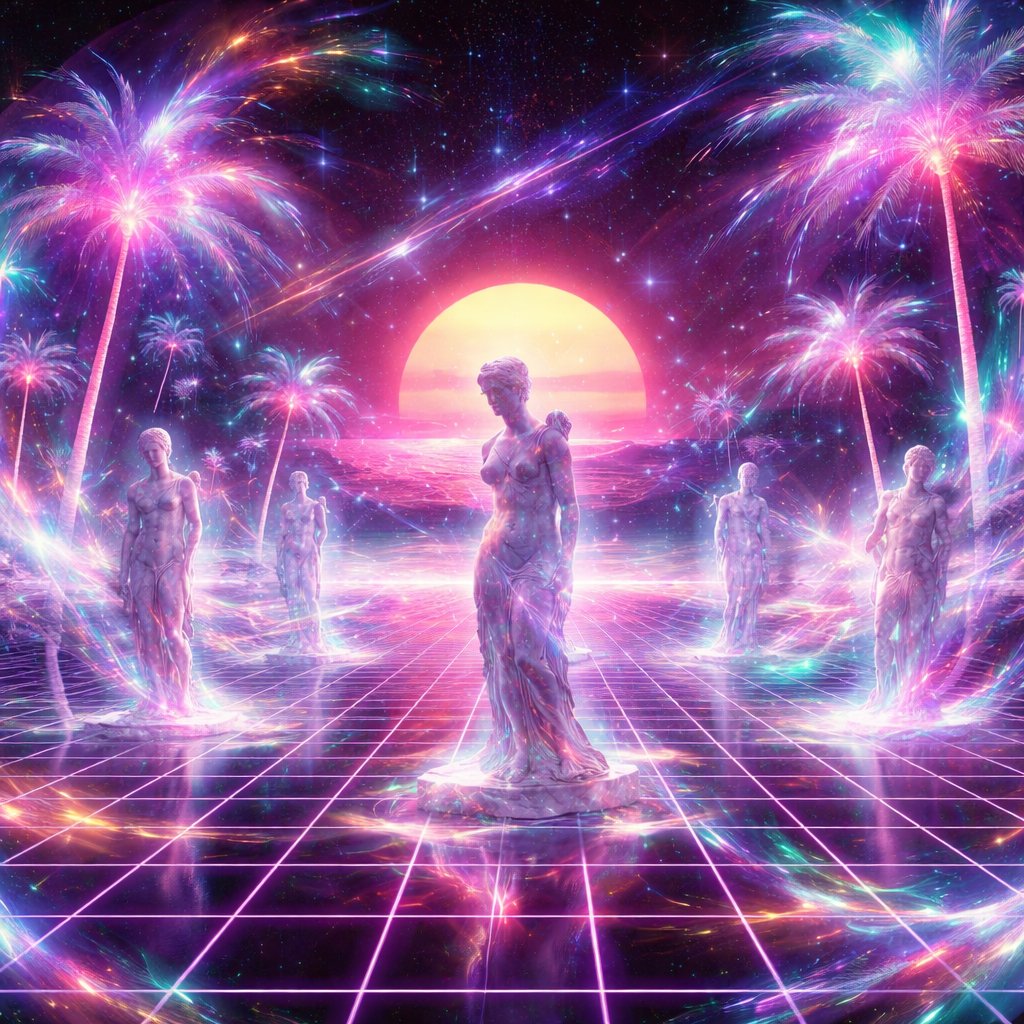 Surreal vaporwave landscape at sunset, marble Greek in a checkered grid floor, neon palm trees glowing pink and teal, VHS glitch effects, retro 90s aesthetic, dreamy nostalgic atmosphere, high detail