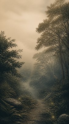 a mysterious forest path with fireflies and drifting mist, atmospheric vertical composition with open space at the top, no text