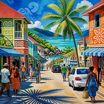 urban street with city activity — Seychellois Art Style