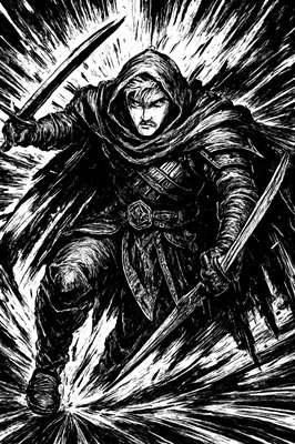 a black and white drawing of a man with a sword