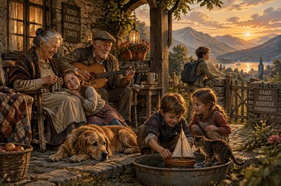 elderly grandparents and several grandchildren enjoy time together