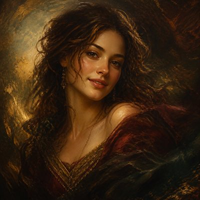 head-and-shoulders portrait of an original character: a young woman with wavy chestnut hair and a warm smile, plain soft backdrop