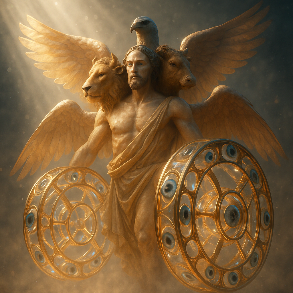 ezekiel 1:1-28 create the angel described in these verses give the wheels eyes and make sure the animal heads are in the right place. it needs 4 wings, head of a lion, human, ox, and eagle