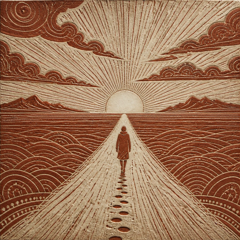 a solitary figure walking toward a glowing horizon across an empty plain, moody atmosphere, no text or lettering