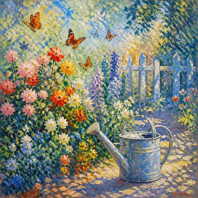 a garden scene with butterflies, flowers and a watering can, clean uncolored line art, no text
