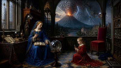 an erupting volcano with lightning strikes, dramatic wide composition, no text