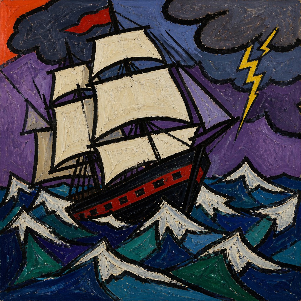 sailing ship on a stormy sea — Stuckism Art Style