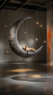 a sleeping baby fox curled on a crescent moon among soft stars, gentle and warm, no text