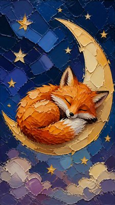 a sleeping baby fox curled on a crescent moon among soft stars, gentle and warm, no text