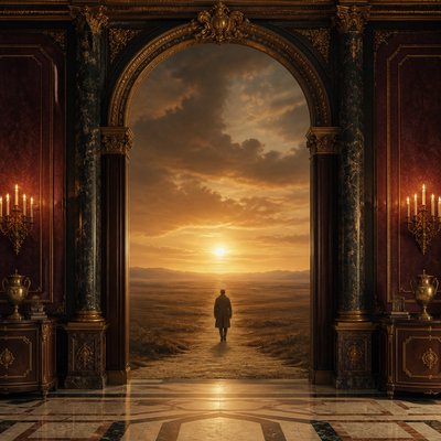 a solitary figure walking toward a glowing horizon across an empty plain, moody atmosphere, no text or lettering