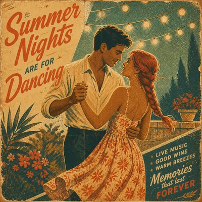an original couple dancing under string lights in a garden at dusk: a man with short black hair in a linen shirt and a woman with braided red hair in a summer dress