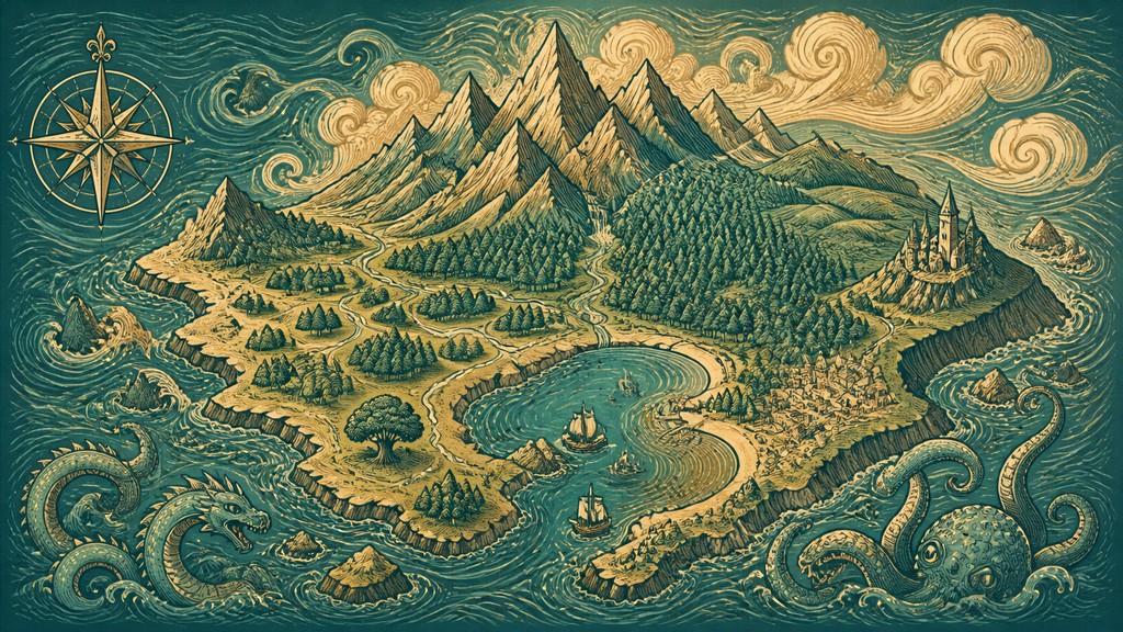 a map of an island realm with mountains, forests, a sheltered bay, sea monsters in the water and a compass rose, no text labels