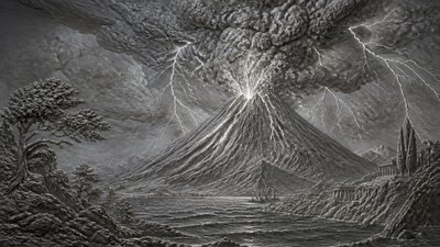 an erupting volcano with lightning strikes, dramatic wide composition, no text
