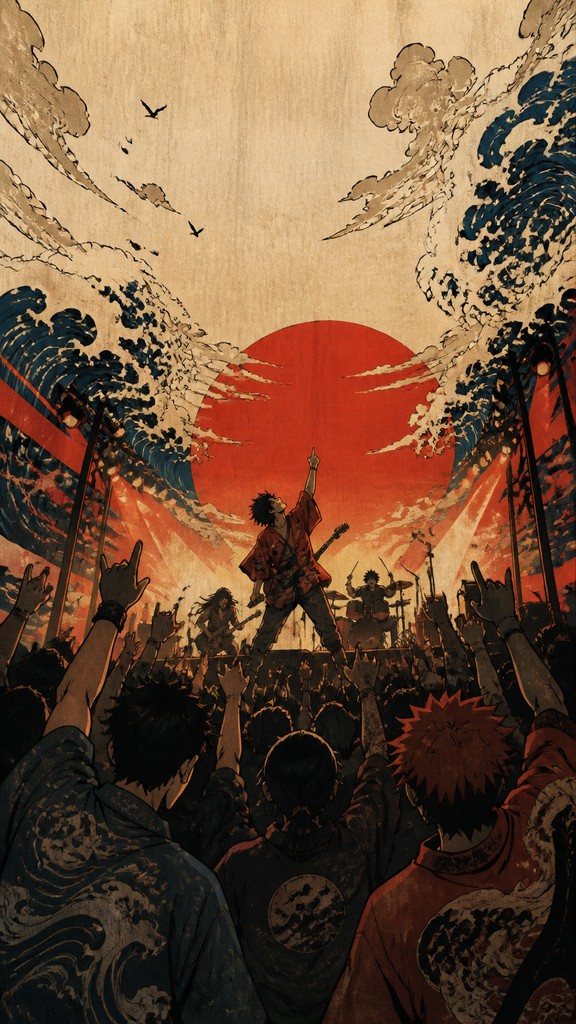 a live music scene with a glowing stage and silhouetted crowd, energetic vertical composition with open space at the top, no text