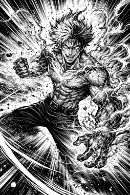 a black and white drawing of a man with his arms outstretched