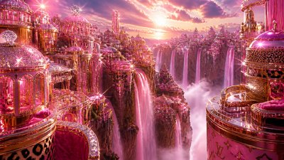 a cliffside city with waterfalls cascading into a misty canyon, wide establishing shot, no people, no text