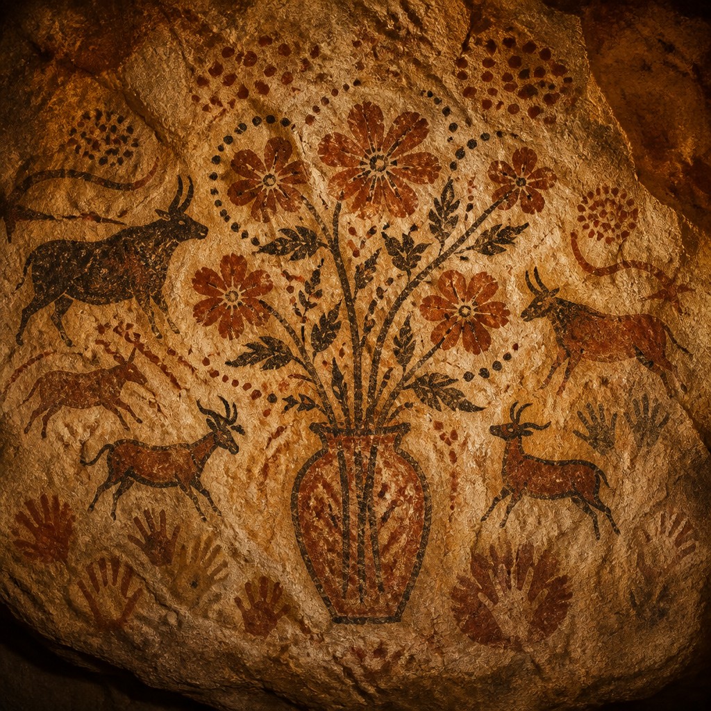 bouquet of flowers in a glass vase — Prehistoric Cave Art Style