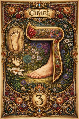 A picture of the Hebrew letter Gimel including in the design a picture of the paleo symbol for the foot and a foot with the modern Hebrew Gimel symbol ג , the number 3 and the name of the letter "Gimel" . With no other number or letter symbols included